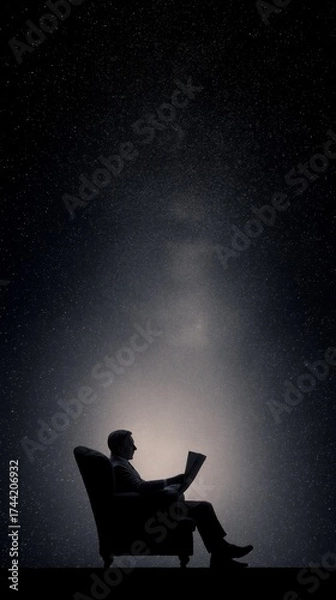 Fototapeta Silhouette of a man sitting in an armchair and reading a newspaper under a huge starry night sky, with cosmic light and a peaceful atmosphere of minimalism