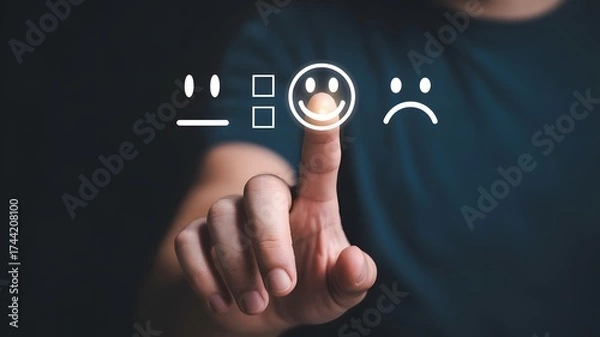 Obraz customer satisfaction feedback concept with person selecting happy face emoji rating