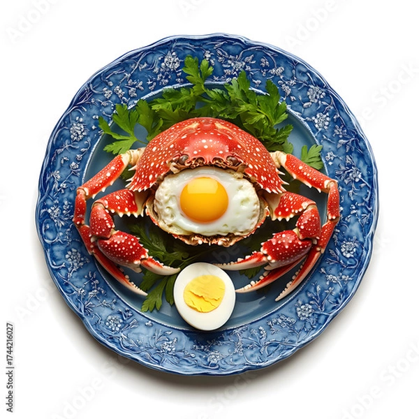 Fototapeta Exquisite Freshly Cooked Crab Platter with Green Garnish for Gourmet Dining Experience