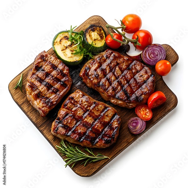 Fototapeta Delicious Grilled Meat and Vegetables on White Background for Culinary Concepts