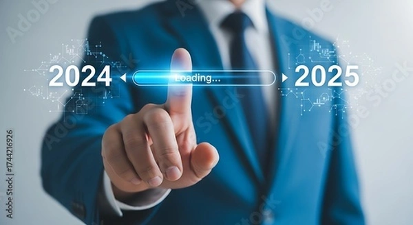 Fototapeta Businessman pressing 2024 to 2025 transition button concept