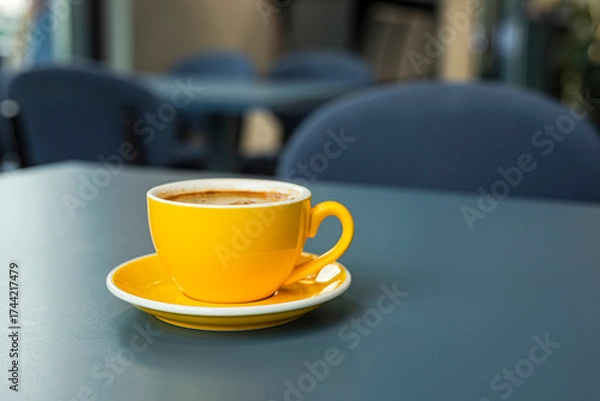 Obraz A cup of black coffee americano in a yellow cup in a cafe with copy space

