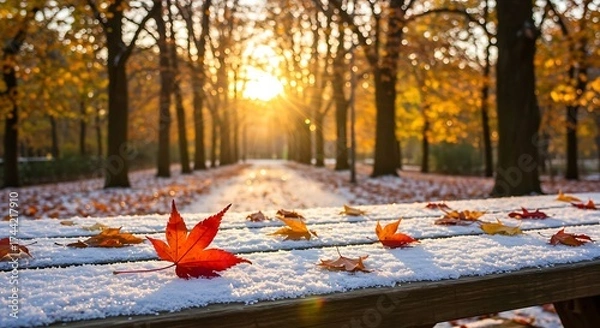 Fototapeta Autumn path with colorful leaves and golden sunset light