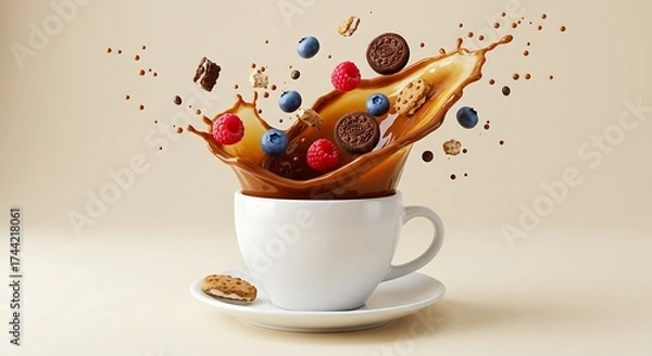 Fototapeta Splashing berries and cereal from a coffee cup isolated on white background