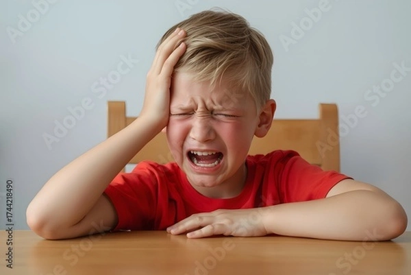 Fototapeta Upset Little Boy Crying and Holding Head in Pain