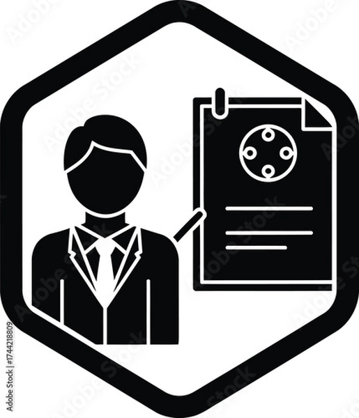 Obraz Business man in suit presenting a document with a circular diagram and text in a hexagonal frame