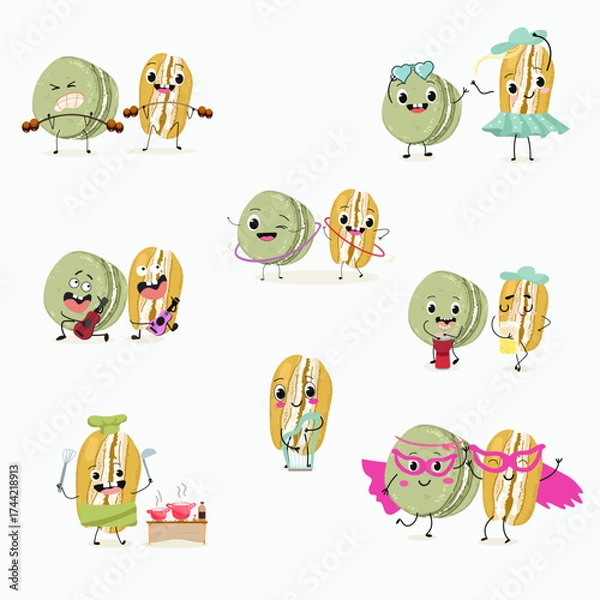 Obraz  Macarons funny characters, hand drawn vector illustration.