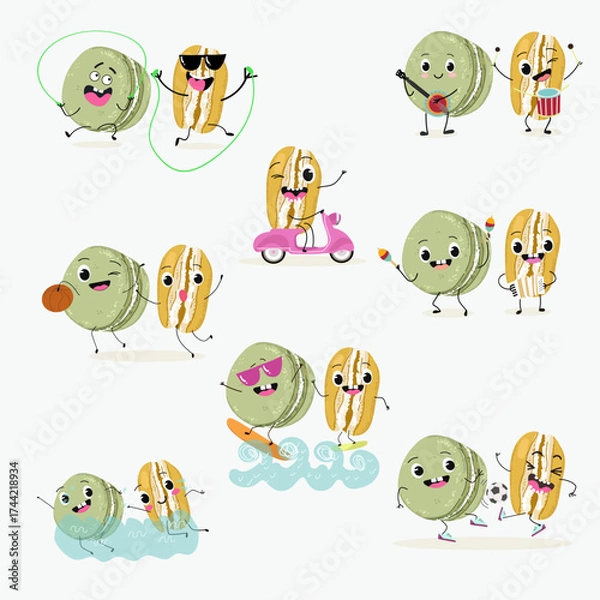 Obraz  Macarons funny characters, hand drawn vector illustration.