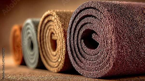 Fototapeta Yoga mats in row with different colors on soft beige background, warm light. Generated with AI