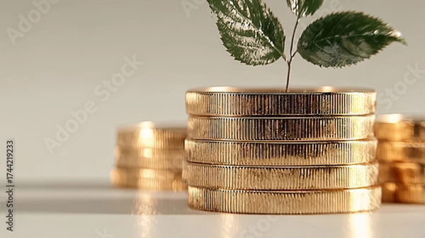 Fototapeta Stacks of golden coins with green leaf plant, symbolizing savings and sustainable growth. Generated with AI