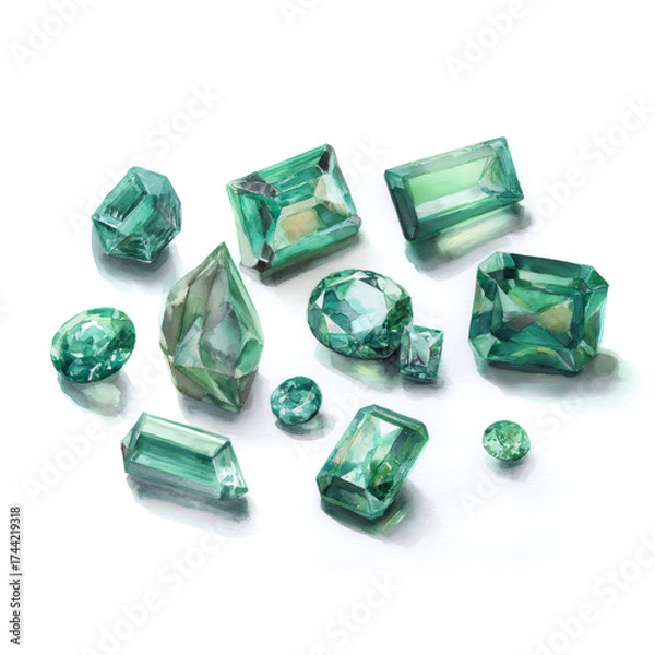 Fototapeta A collection of emerald gemstones in various cuts. Watercolor illustration of precious green jewels. Isolated on a white background with copy space