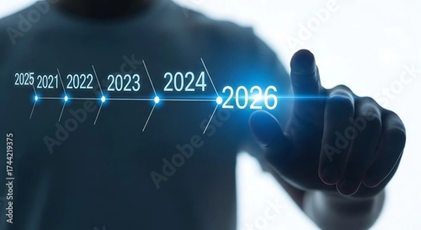 Fototapeta Futuristic hand selecting years 2024 to 2026 with glowing timeline