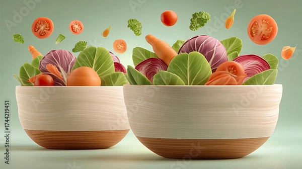 Fototapeta Two salad bowls with fresh vegetables floating in the air, clean and realistic style. Generated with AI