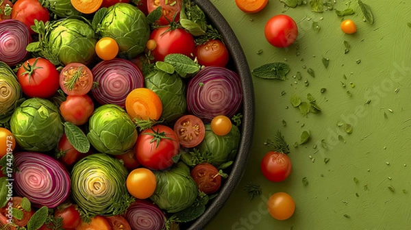 Fototapeta Top view of crisp salad with tomatoes and cabbages on green background with scattered leaves. Generated with AI