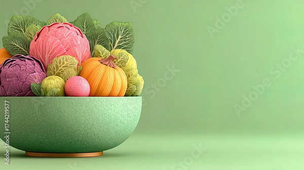 Fototapeta Textured bowl with colorful vegetables and decorative cabbages on pastel green background. Generated with AI