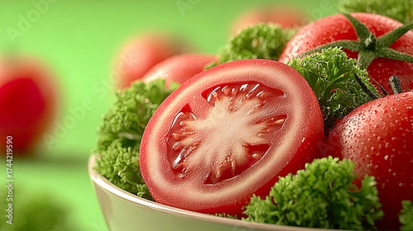 Fototapeta Close-up of sliced tomato showing juicy texture, accompanied by fresh parsley. Generated with AI