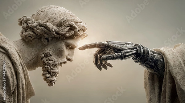 Fototapeta Classical sculpture touched by robotic hand, encounter between ancient art and modern technology. Generated with AI