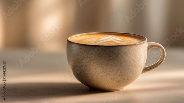 Fototapeta Ceramic cup with latte coffee and milk art on warm, soft background in cozy indoor setting - Generated with AI