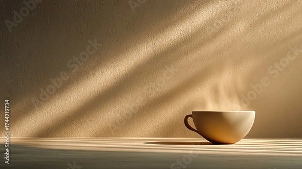 Fototapeta Steaming coffee cup on light surface with beige background lit by natural diagonal light - Generated with AI