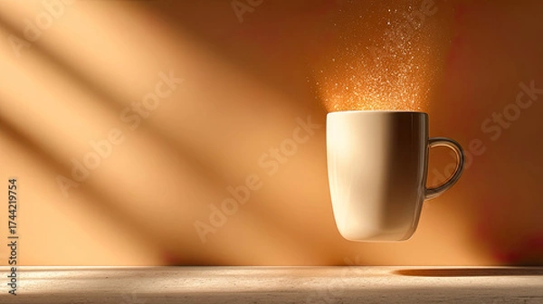 Fototapeta White floating mug emitting glowing particles over warm background with soft diagonal shadows - Generated with AI