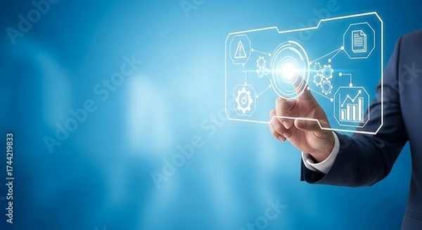 Fototapeta Businessman interacting with digital interface and futuristic icons