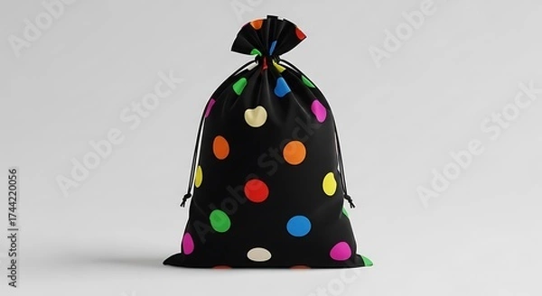 Fototapeta Black drawstring bag with colorful polka dots isolated on white background