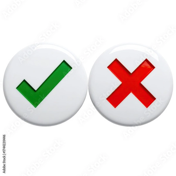 Obraz Two white, glossy circles one with a green check, one with a red X on black background
