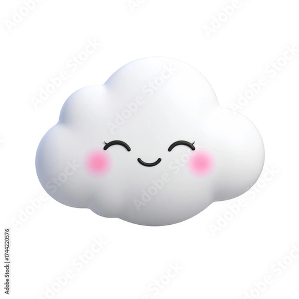 Fototapeta 3D-rendered fluffy white cloud with blushing cheeks, smiling, isolated on a black background