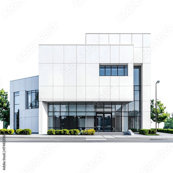 Fototapeta A modern, white building with large windows, a flat roof, and manicured landscaping