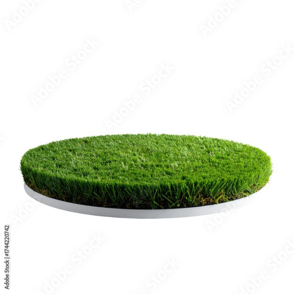 Obraz A circular patch of vibrant green grass rests on a white platform against a black background