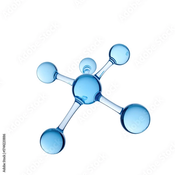 Obraz A molecular structure with five spherical nodes connected by transparent rods, on black