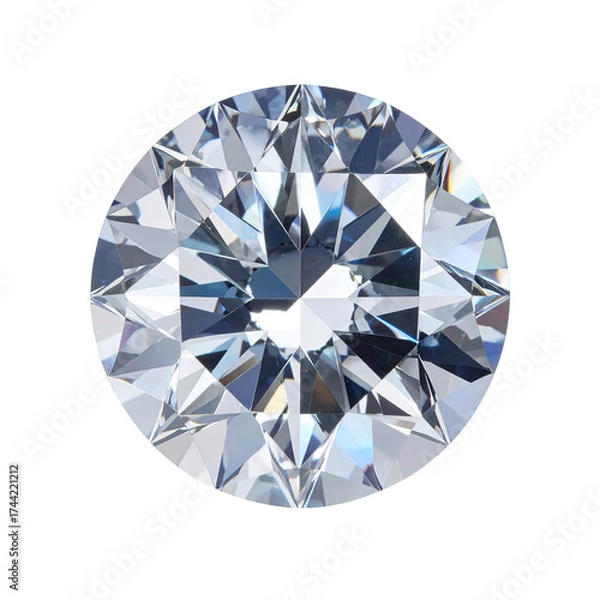 Fototapeta A perfectly cut, clear gemstone, round brilliant, exhibiting facets and reflections on a black backdrop