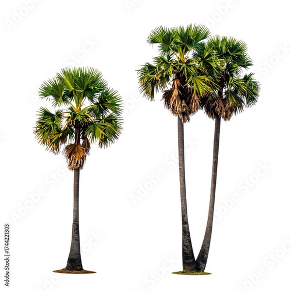 Obraz Two tall tropical trees against a black background, showcasing their textured trunks and lush canopies