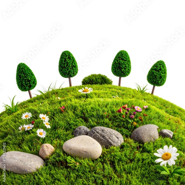 Fototapeta Tiny verdant island with miniature trees, flowers, and smooth rocks under a black sky