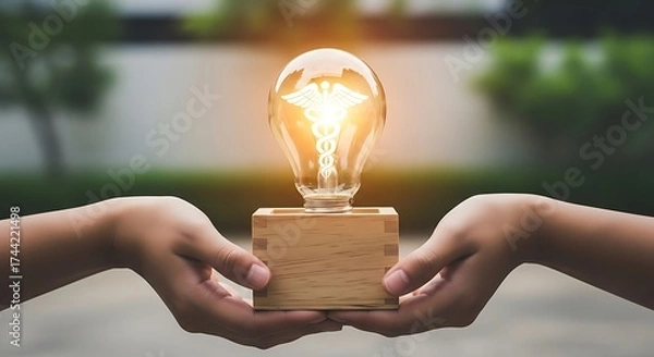 Fototapeta Hands holding a wooden block with a glowing light bulb