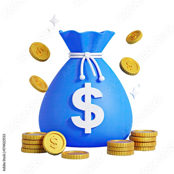 Obraz A 3D rendering shows a vibrant blue money bag with a white dollar sign, gold coins