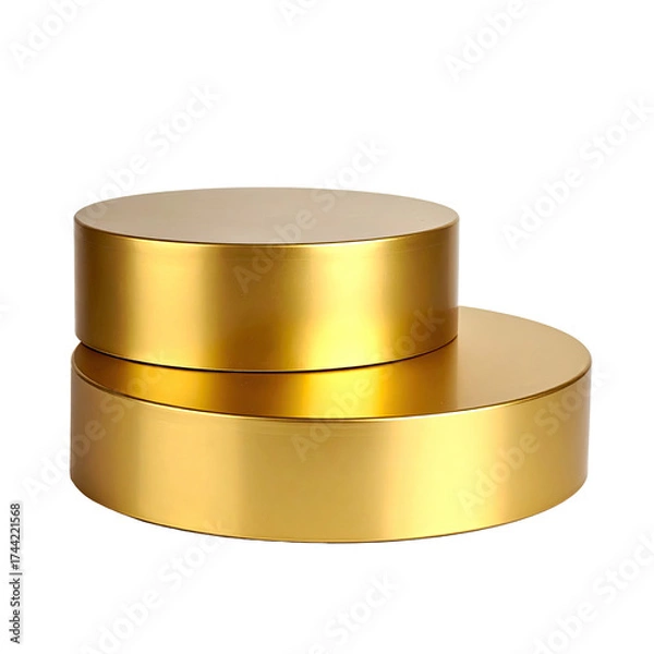 Obraz A shiny, golden two-tiered cylindrical platform, partially stacked with a sleek surface
