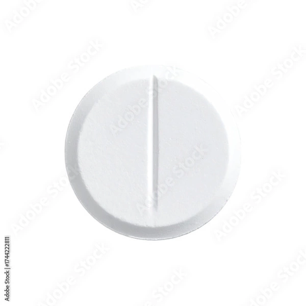 Obraz A close-up of a round, white tablet with a vertical score line, isolated on black