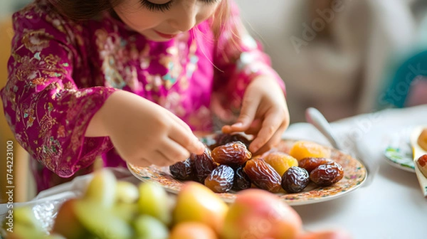 Fototapeta A cute little girl is sitting at a table and eating fruit from a plate, enjoying a healthy snack in a bright and cheerful setting at home