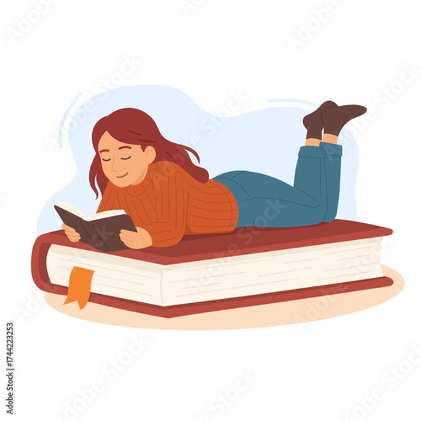 Fototapeta A Young Girl Enjoys Reading a Book while lies on a book with open book in her hands. Concept illustration of learning, distance studying and self education. Young woman student character