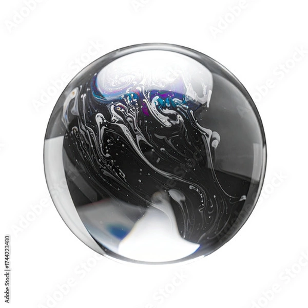 Obraz Close-up of iridescent bubble on black background, reflecting complex patterns inside