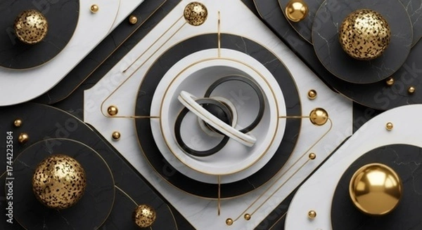 Fototapeta Luxurious 3D render of an abstract geometric composition. Black, white, and gold marble with elegant spheres and rings. Modern futuristic background