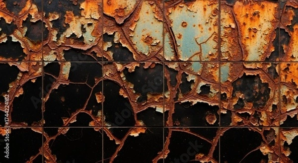 Fototapeta Abstract background of a rusty tiled surface with peeling paint. Close-up of corrosion and decay. Industrial grunge texture