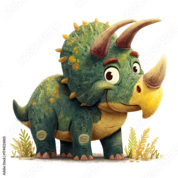 Fototapeta Cute smiling triceratops dinosaur cartoon. A friendly prehistoric character illustration isolated on a white background