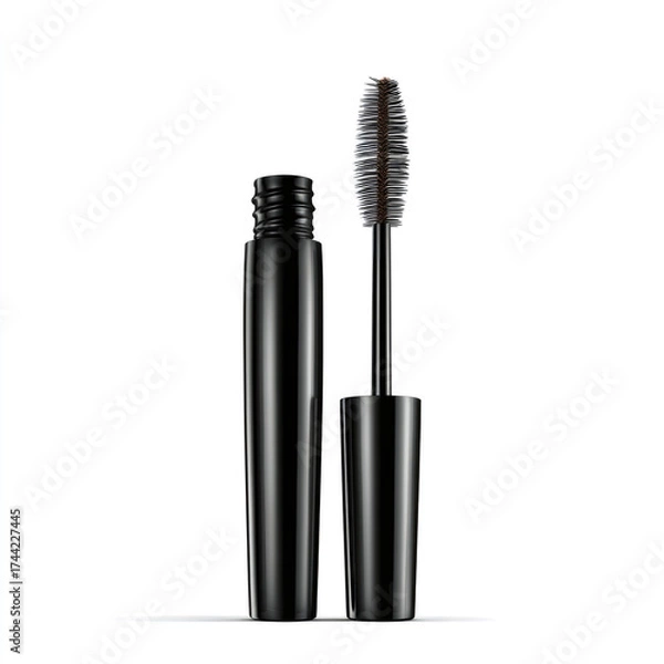 Fototapeta Sleek black mascara tube with an open applicator wand. Cosmetic product for eye makeup. Isolated on a white background with copy space
