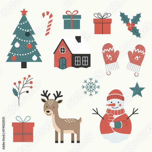 Fototapeta Santa and christmas elements on white background illustration