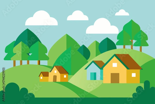 Fototapeta Charming village nestled in a vibrant green landscape with rolling hills and trees