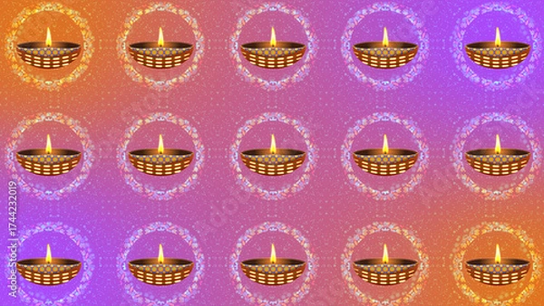 Fototapeta Animated Diwali clay diya in animated pattern circles background for diwali holiday. Concept for celebrating festival of lights