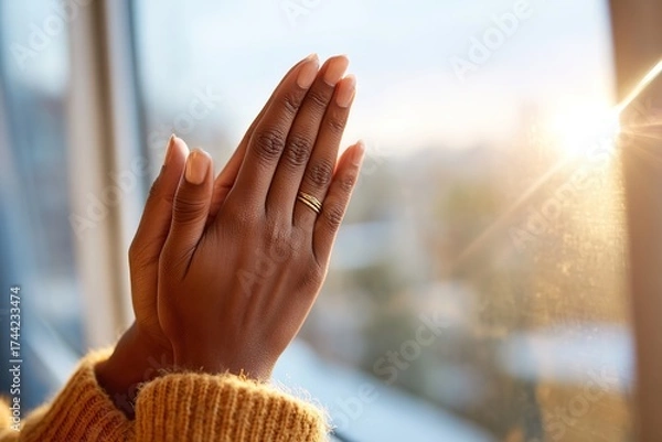 Fototapeta Hands brought together in gratitude during a serene moment by the window at sunset