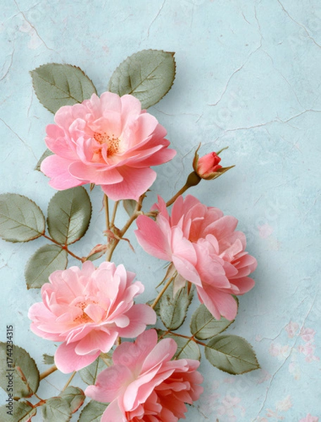 Fototapeta Pink roses on a vintage textured blue background. Delicate floral flat lay with soft flowers and leaves. Romantic spring concept with copy space